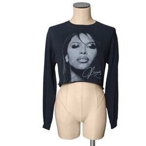 FRCHS AALIYA Black Graphic Face Print Long Sleeve Crop Cut Off T-Shirt Shirt S